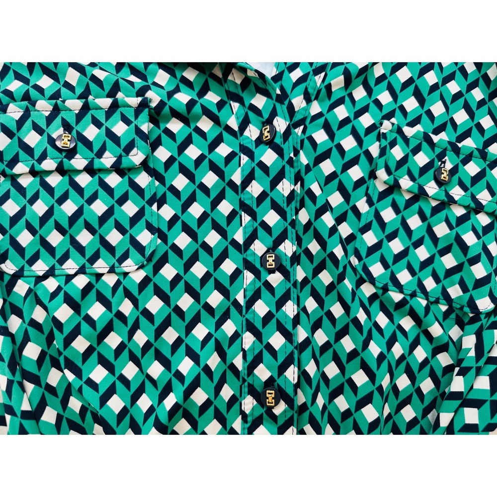 Charter Club Green Geometric Diamond Print Button Front Shirt Dress XL Belted - Picture 5 of 7